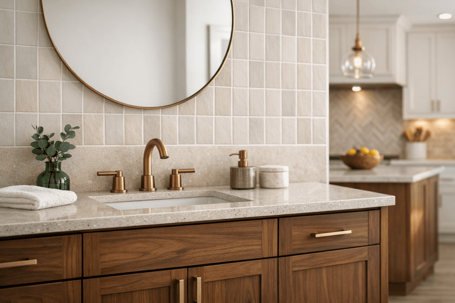 Finished bathroom vanity with tile and kitchen renovation details